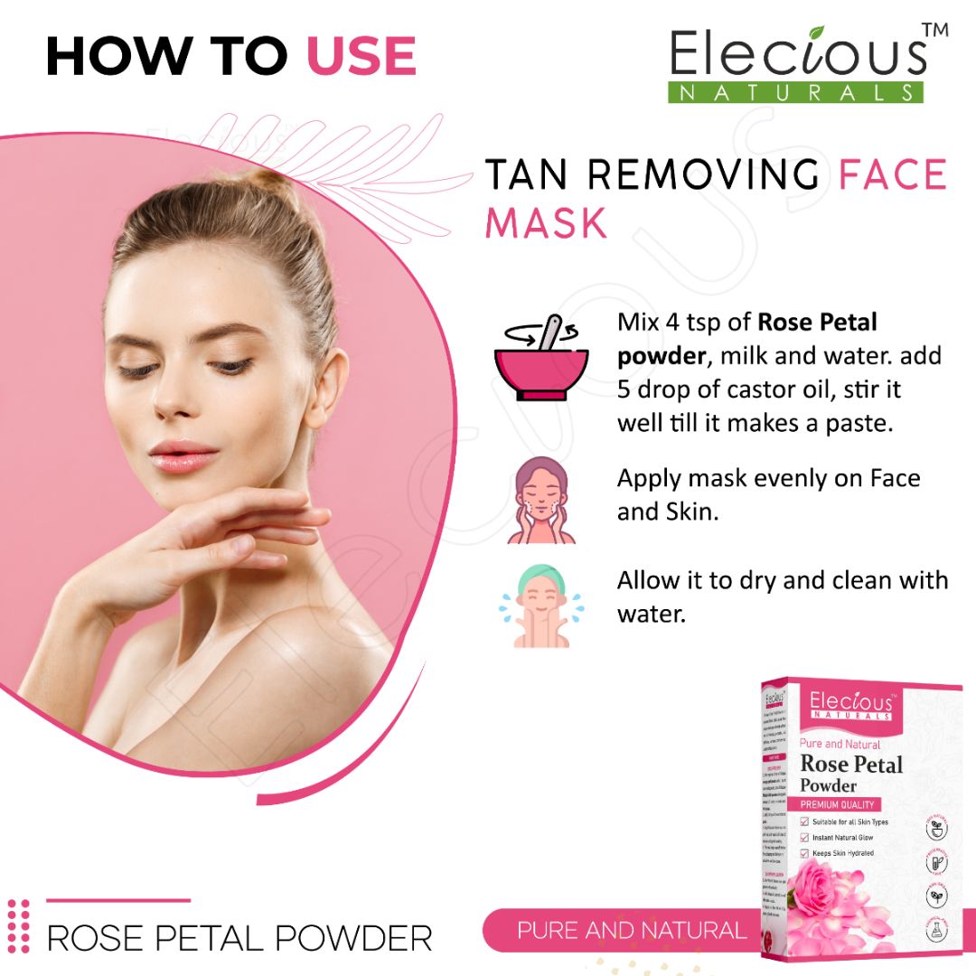 Elecious Naturals Rose Petal Powder for Skin, Hair and Eating - Elecious