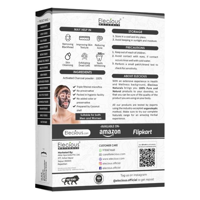 Elecious Naturals Coconut Activated Charcoal Powder for Face, skin, Hair and teeth whitening