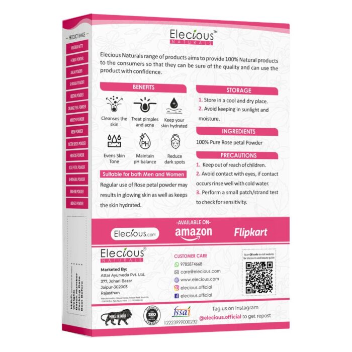 Elecious Naturals Rose Petal Powder for Skin, Hair and Eating